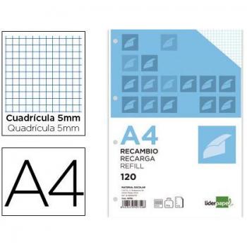 Recambio Liderpapel A4 120 hojas 80g/m2 cuadro 5mm sin margen 4 taladros bandas de 5 colores