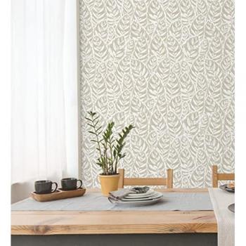 Papel pintado ecológico de hojas modernas beige con textura