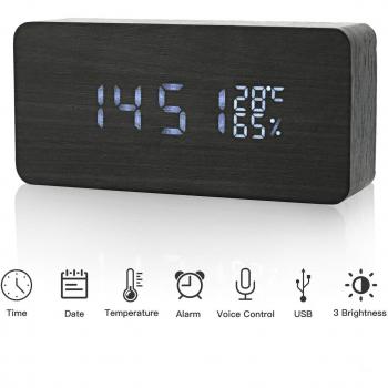 Orologio digitale in legno con visualizzazione di temperatura e umidità