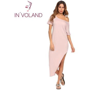 Vestido Largo de Verano para Mujer, Manga Corta, Color Sólido, Cuello Irregular y Parte Lateral Abierta