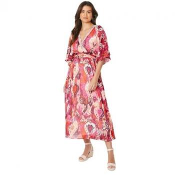 Women's Red Abstract Print Embellished Midi Dress