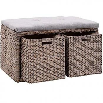 Panca in Giunco con 2 Ceste 71x40x42 cm Grigio Cassapanca Divanetto