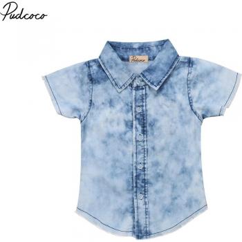 Camiseta de denim infantil, corta manga, look relajado