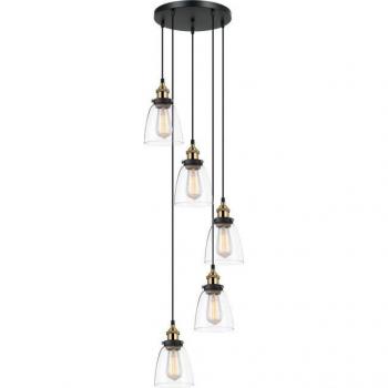 Suspension Indus Rétro Francis Noir Doré 5 Ampoules Dimmables, Abat-Jour Transparent