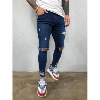 Jean homme effiloché high street skinny bleu noir Biker