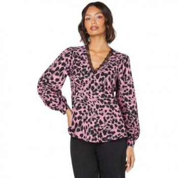 Pink Abstract Lace Trim V Neck Blouse