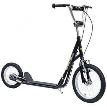 Scooter HOMCOM 135x58x92-100 cm 2 Ruedas 16/12 Pulgadas con 2 Frenos + Caballete Negro