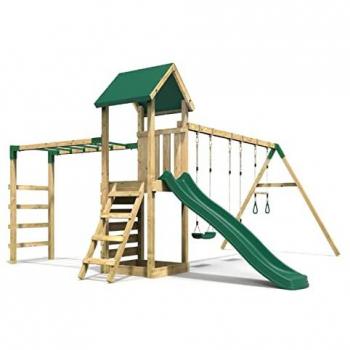 Pelion Green Wooden Climbing Frame with Triple Swing, Monkey Bars and Slide