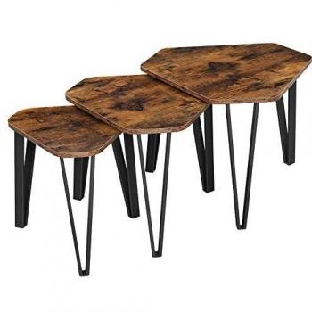 Lote de 3 mesas nido con patas de acero y decoración de madera rústica