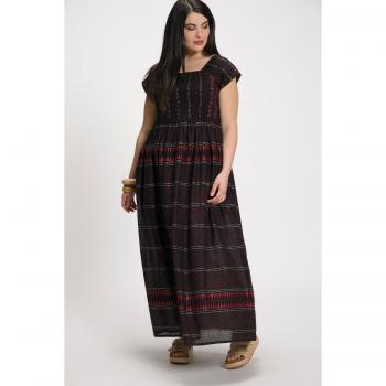 Abito maxi con righe etniche, corpino smock, Donna, Nero, Cotone/Viscosa