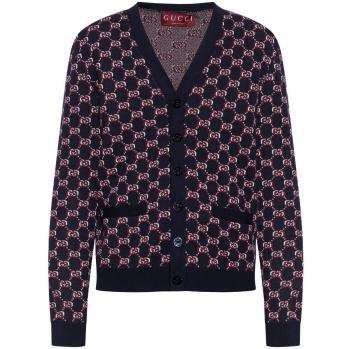 Gucci Men's Multicolor Monogram Wool Knit Cardigan, Size S