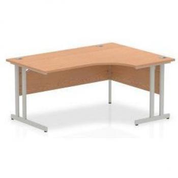 Impulse 1600mm Right Hand Crescent Desk with Silver Cantilever Leg and Oak Top, including a 3-Drawer Walnut Under Desk Pedestal