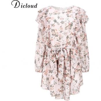 Robe Automne Hiver Femme, Imprimé Floral, Manches Longues et Volants