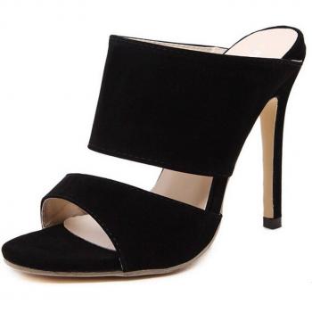 Black Flock Slip-On Women’s Sandals, 11cm High Heels, Round Toe, Size 35-42