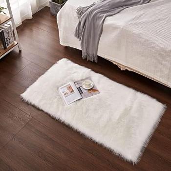 Tappeto Cumay in Finta Pelliccia, 80 x 180 cm, Lunga Pelliccia Morbida, Bianco
