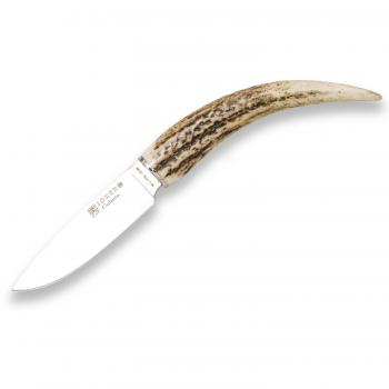 Cuchillo de caza con mango de asta de ciervo y funda marrón