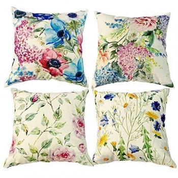 Cozy Garden Pillow Cover Set – 4 Pack, Cotton-Linen Fabric, 45cm x 45cm, Pretty Blossom Motif
