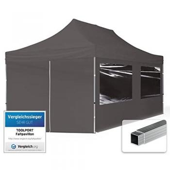 Toldo Plegable 3x6m Toolport, laterales con ventanas, estructura de aluminio, gris