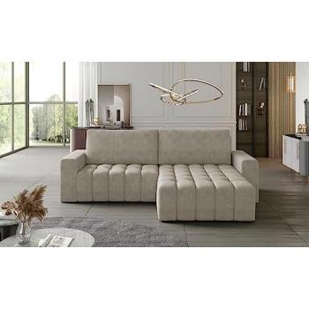 Canapé d’angle en velours BOZEN – Convertible et rangement – Beige