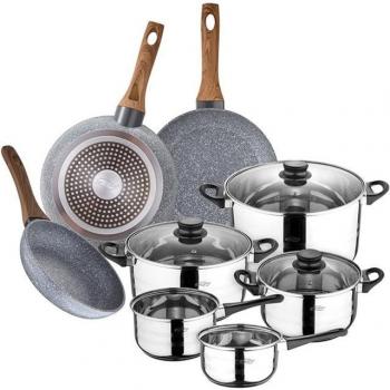 Batería de Cocina San Ignacio 8 Piezas en Acero Inoxidable con Juego de Sartenes (18, 20, 24 cm) Aluminio Forjado Daimiel