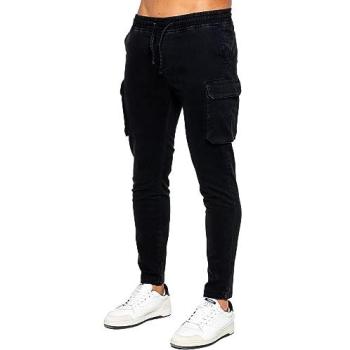 Large Enzo Black Cargo Trousers with Elastic Waist