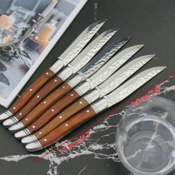 Cuchillos mesa Laguiole hoja martillada mango madera rosa 6 piezas