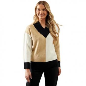 Beige Colour Block Deep Wrap Neck Jumper for Women