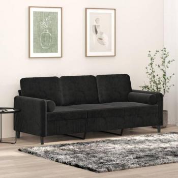 Canapé 3 Places Velours Noir avec Coussins Décoratifs 180 cm