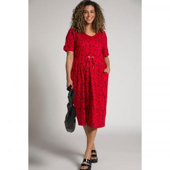 Abito midi rosso con mezze maniche e coulisse, taglio svasato, scollatura a V, taglia 56/58, Ulla Popken