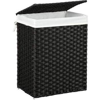Panier à linge en rotin noir 90L avec couvercle et poignées