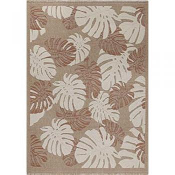 Tapis intérieur/extérieur aspect jute motifs feuilles terracotta