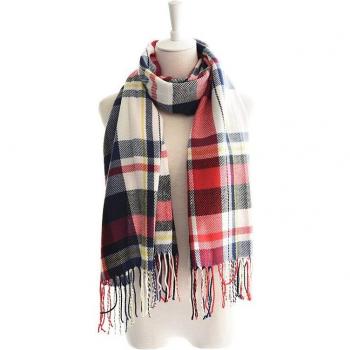 Chal invernal de cachemira con flecos y estampado a cuadros