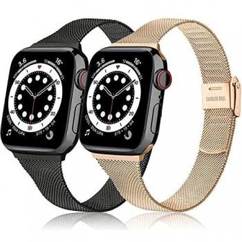 Bracelet de Rechange 2 Pack pour Apple Watch 44mm 42mm 40mm 38mm, Mince Noir+Or Rose
