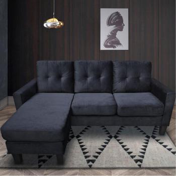 Black Velvet L‑Shape Corner Sectional with Ottoman – 3‑Person, Reversible