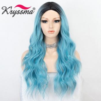 Peluca Larga Ondulada de Cabello Sintético para Mujer en Azul Ombre