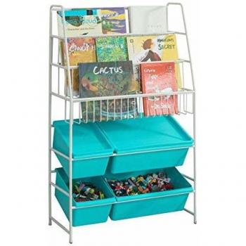 SoBuy Scaffale Bianco Portagiochi Libreria Bambini 4 Scatole In Blu Con Coperchio KMB07-B