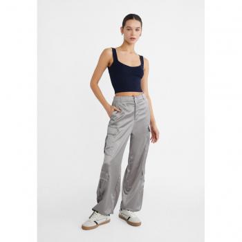 Stradivarius Satin Cargo Trousers in Grey with Pockets Size 6