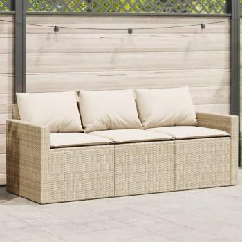 Patio Sofa with Cushions, 3-Seater, Beige, Poly Rattan, vidaXL
