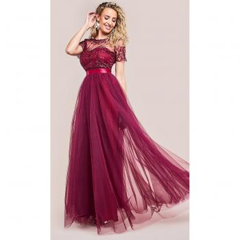 Goddiva's Burgundy Embroidered Mesh Maxi Dress