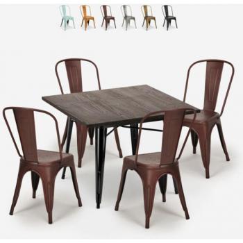 Juego de Comedor Estilo Vintage 4 Sillas y Mesa 80x80 cm Madera Metal Burton Black