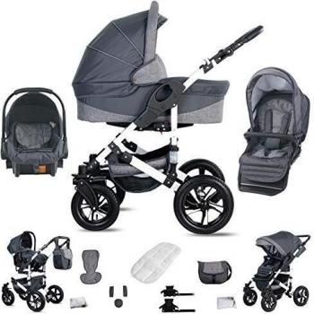 Hamburg 3‑in‑1 Kinderwagen Friedrich Hugo – Graue Farbe, Leinenmuster, Hartgummi