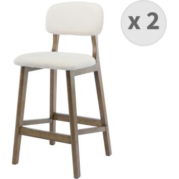 Tabouret Ecru en tissu bouclette et bois foncé