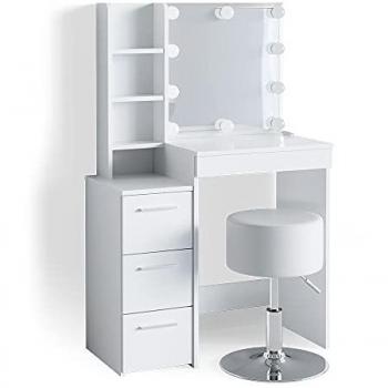 Vicco Coiffeuse, blanche 79.9 x 127.4cm avec éclairage LED et tabouret Blanc 40x127x80cm
