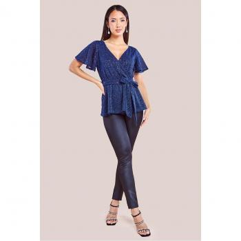 Ocean Blue Lurex Flutter Sleeve Dress Shirt
