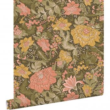 Papel de Pared Vintage con Flores en Verde y Rosa