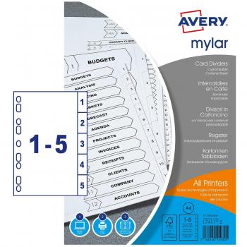 Avery A4 Mylar Pre-Printed Punched Dividers 1-5 Numeric