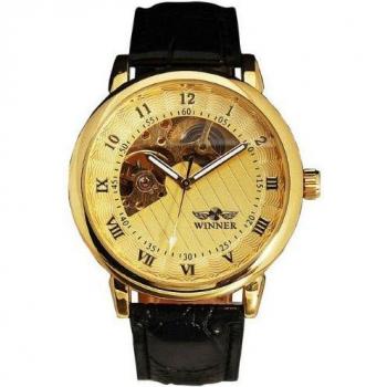 WINNER – Horloge mécanique à squelette, bracelet en cuir doré, pour homme