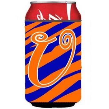 Stylish Blue and Orange Tiger Stripe Letter U Initial Monogram Can or Bottle Koozie Hugger