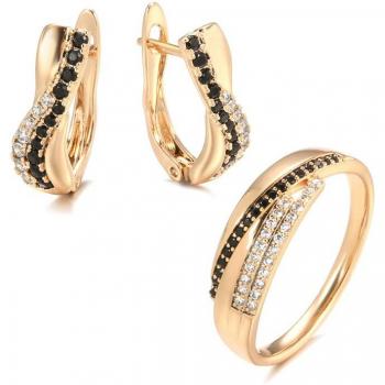 Kinel-Joyería de lujo para bodas, conjunto de anillos y pendientes de circonita negra en oro rosa 585
