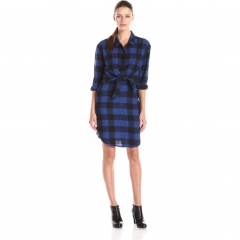 Raw Long Sleeve Checkered Dress – Night Blue, X‑Small